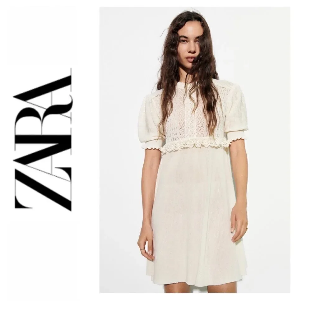 NWT Zara Mixed Pointelle Contrast Lace Detail Knit Mini Dress in Ecru, Medium